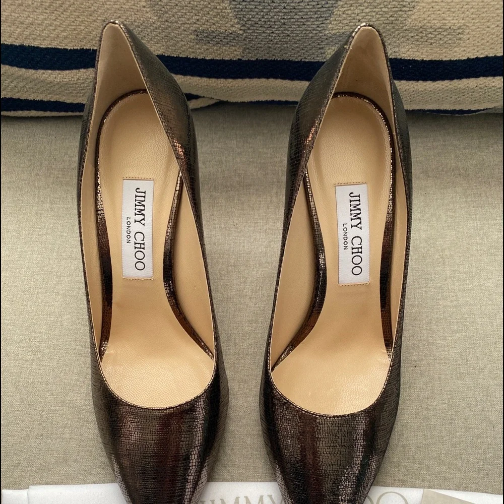 Jimmy Choo Metallic Bronze Pointed-Toe Stiletto Pumps - Picture 6 of 12